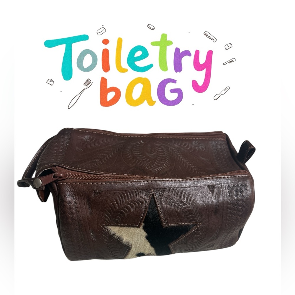 Brown Leather Toiletry Bag with Star Design w cow faux fur